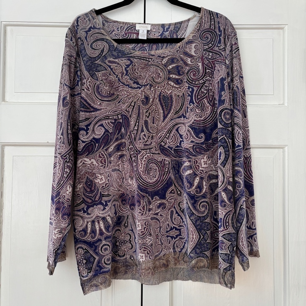 Chico’s Size 3 Purple Paisley Long Sleeve Top Shirt Blouse Velvet Chicos Size XL